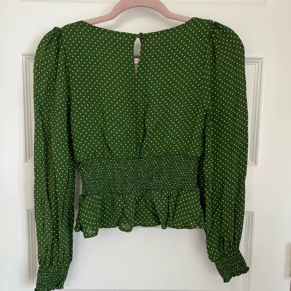 Reformation Hearth Green Dotted Smocked Blouse Size 4 - Image 9