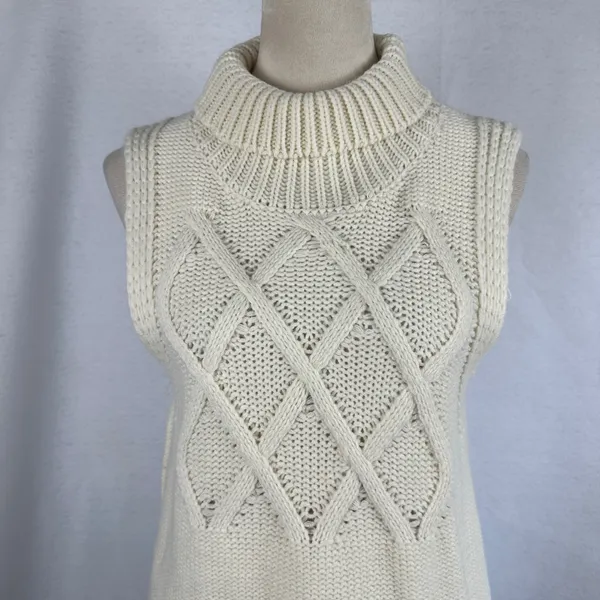 Cream Cable Knit Turtleneck Sleeveless Sweater Vest Women's Small Cozy‎ Casual - Image 3