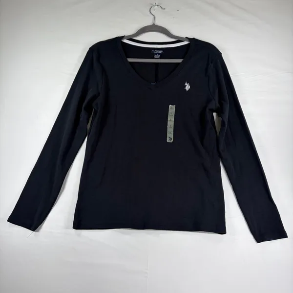 US Polo Assn Womens Black V-Neck Long‎ Sleeve Cotton T-Shirt Logo Large Capsule - Image 2
