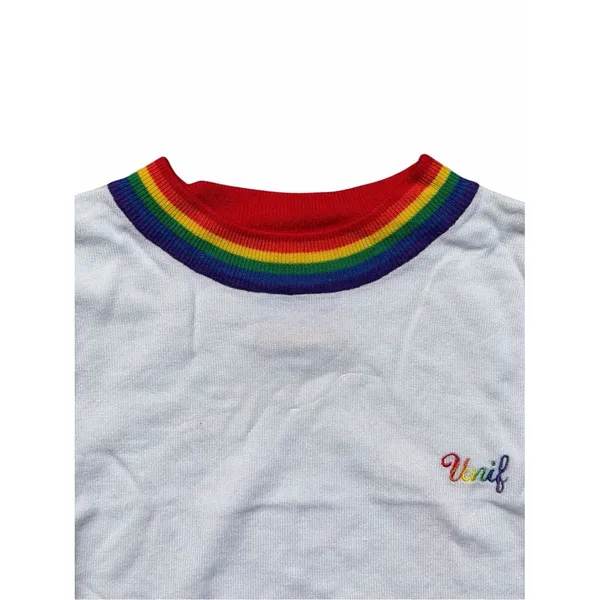 UNIF Rainbow Trim Cropped Tee Women’s Small White Embroidered Logo Y2K Festival - Image 7