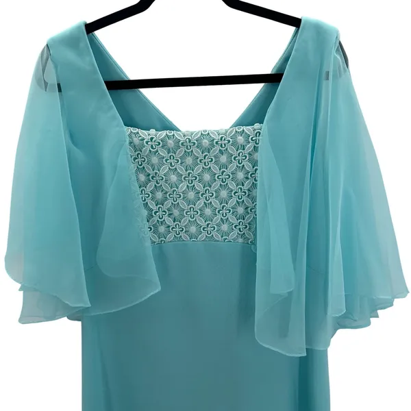 Vintage Miss Rubette Blue Chiffon‎ Cape Embroidered Lace Maxi Dress 16 Mod Twee - Image 3