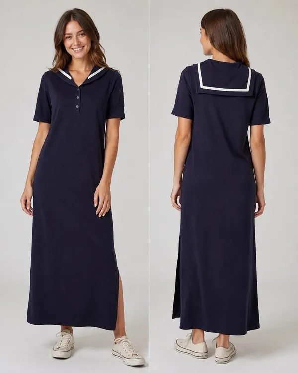 VTG Lauren Ralph Lauren Old Money Marine Ribbed Knit Cotton Maxi Dress Navy S - Image 2