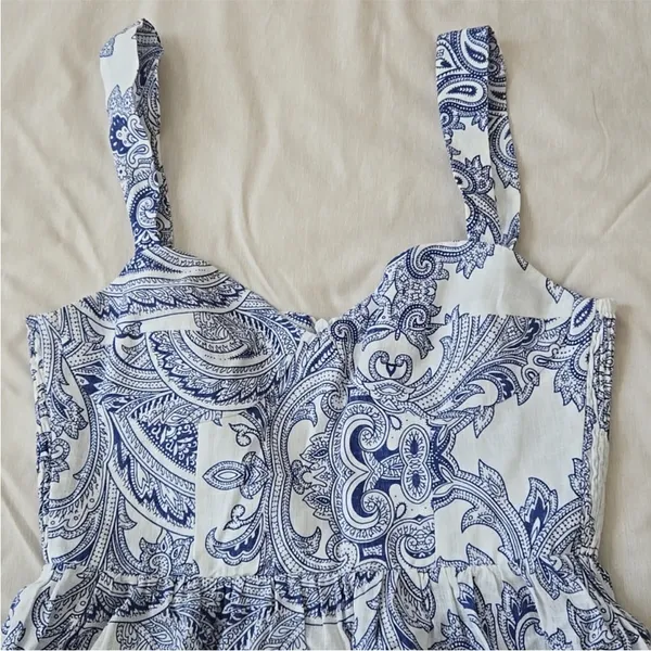 Zara White & Blue Linen Blend Paisley Patterned Fit & Flare Summer Dress Size XS - Image 3
