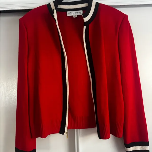 St. John Collection Red Knit Open-Front Jacket with Black and Cream Trim - Image 3