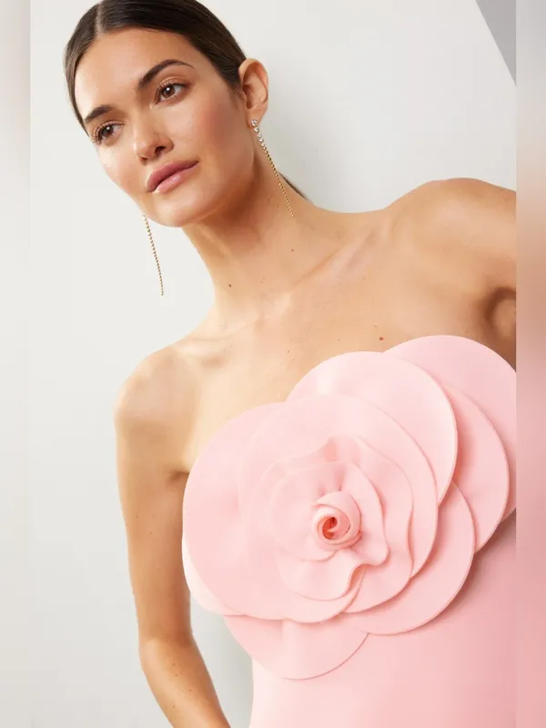 Badgley Mischka Strapless Pink Maxi Gown with Floral Appliqué 10 - Image 5