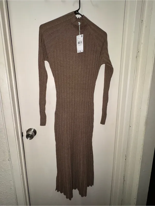 Mango Ribbed Long-Sleeve Midi Dress in Brown - Image 4