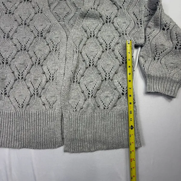 A New Day Grey Pointelle Beaded Open Front Cardigan Sweater Size M - Image 5