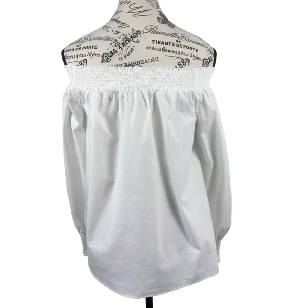 LOFT Women White Off Shoulder Peasant Blouse Long Sleeve Smocked Cuffs Size L - Image 3