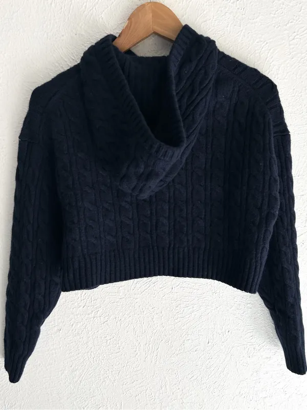 Aritzia Sunday Best Octavia Zip Hoodie Navy Cable Knit Wool XS Cropped Fisherman - Image 3