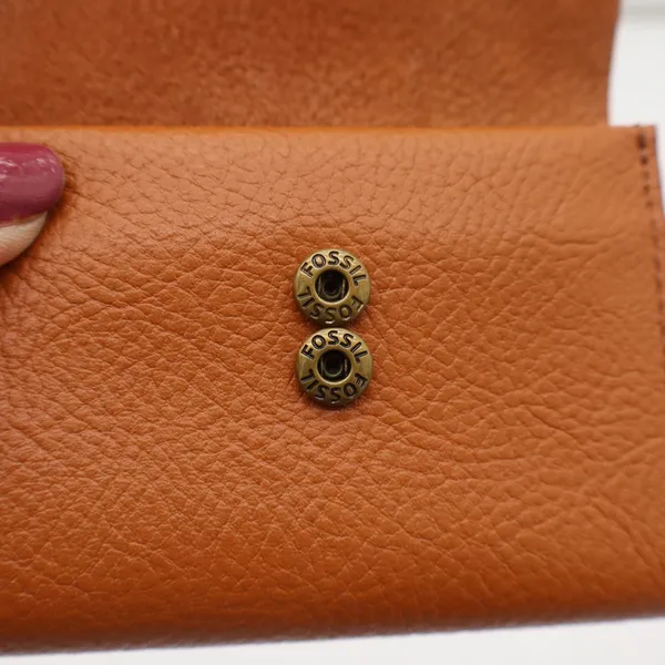 Fossil Tan Pebbled Leather Trifold Compact Wallet with Coin Pouch Brass Snap - Image 6