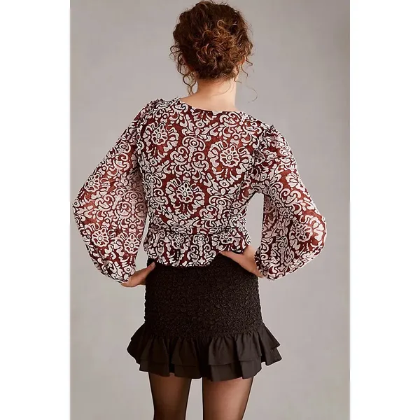 By‎ Anthropologie Jacquard Peasant Blouse Women's Blouse Wine M Ruffle Peplum - Image 5