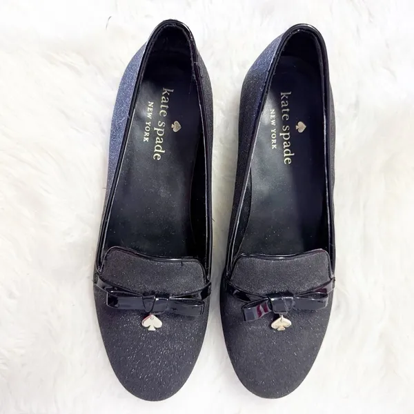 Kate Spade New York Black Glitter Loafers Flats Bow Charm Size 5.5B - Image 2