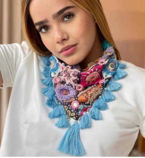 Embroidered Boho Western bandana -Colombian scarf. Multicolors with starts - Image 3