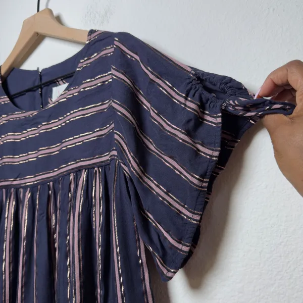 Anthropologie‎ Women Cotton Cameron Tie Sleeve Blouse XS Navy Gold Striped Top - Image 4
