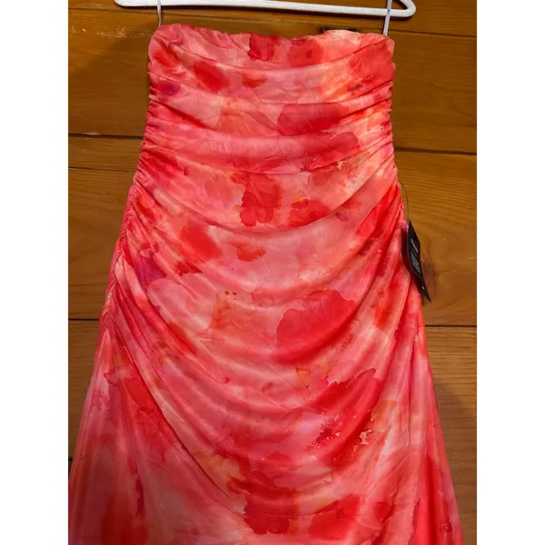 NWT Lulus Late Night Crush Orange Multi Mesh Ruched Strapless Midi Dress Gala XS - Image 4
