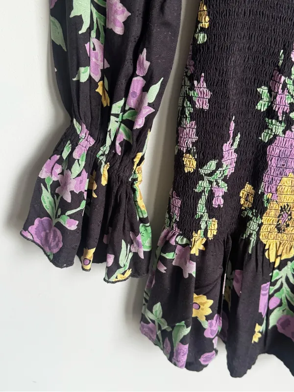 Urban Outfitters Leandra Smocked Mini Dress Black Purple Floral Long Sleeve Sz M - Image 3