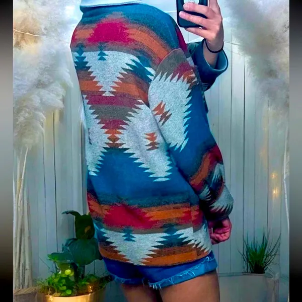 Boho Aztec Shacket Oversized Button Down Blue - Image 3