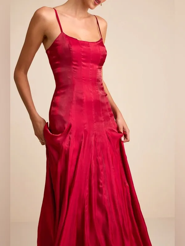 Lulu’s Berry Red Organza Pleated Drop Waist Maxi Dress Small - Image 4