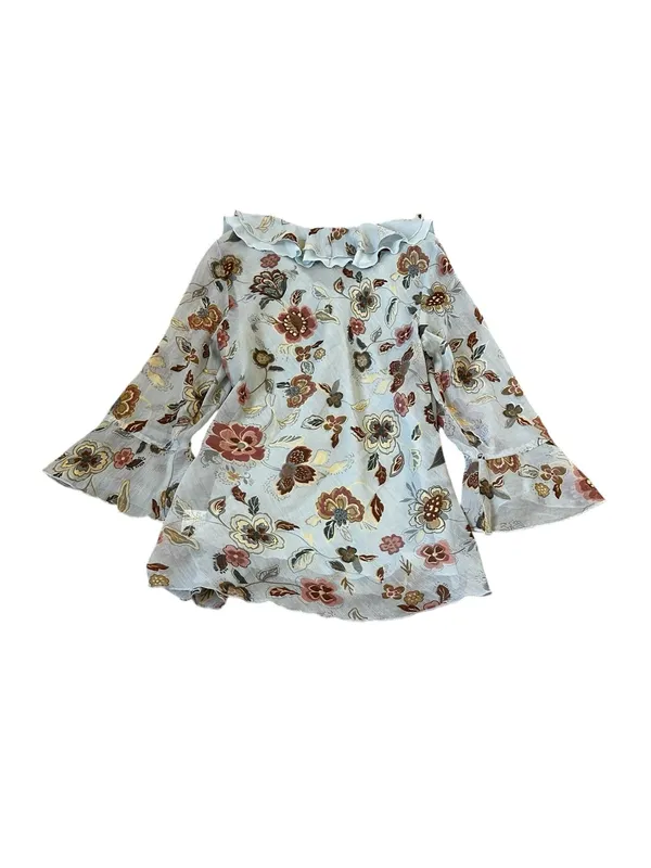 Y2K Light Blue Floral Ruffle Top Bell Sleeves Ethereal Feminine Romantic Boho - Image 7