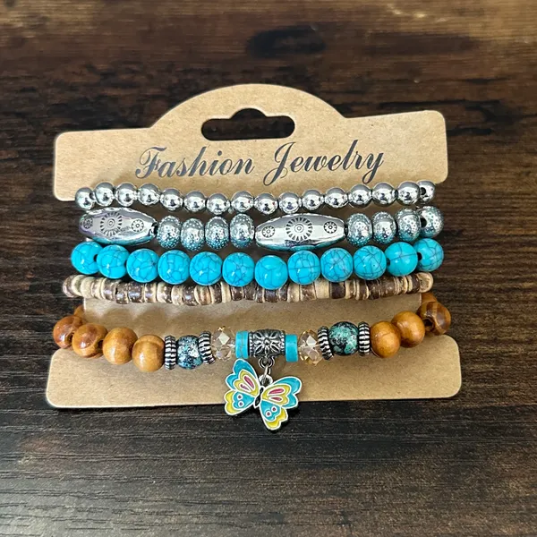 Boho Western Turquoise & Wood Beaded Bracelet Set - Image 2