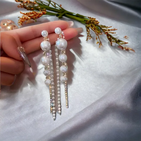 Faux Pearl Shiny Rhinestone Chain Tassel Design Dangle‎ Earrings Elegant Fashion - Image 6