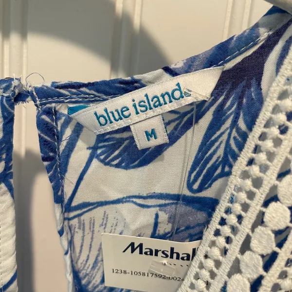 Blue Island Tropical Maxi Cover‎ Up Wmns M Blue White Coastal Crochet Lace Trim - Image 6