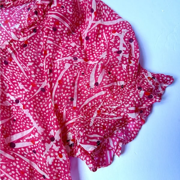 Zara‎ Basic Women’s Top Silk Red Sz Medium Patterned Short Sleeve Ruffled - Image 7
