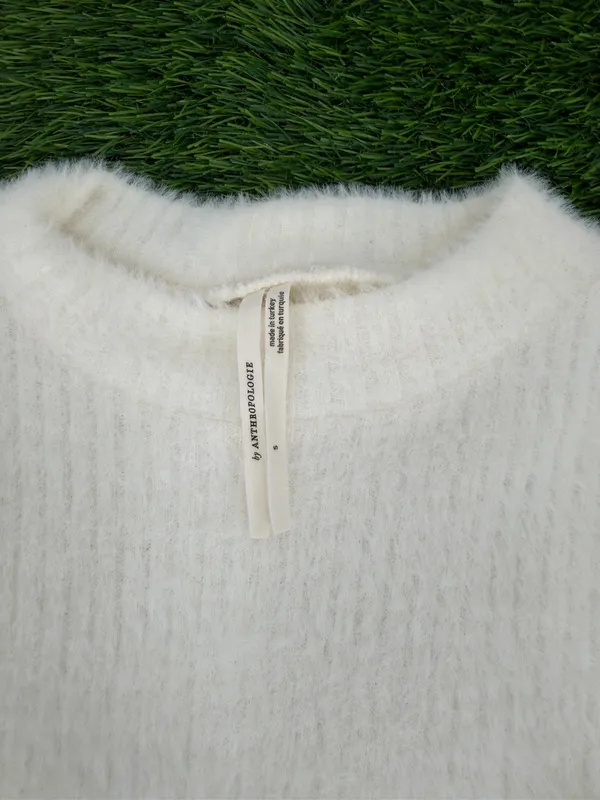By Anthropologie Mock-Neck Fuzzy Long Sleeve White Sweater Top - Image 6