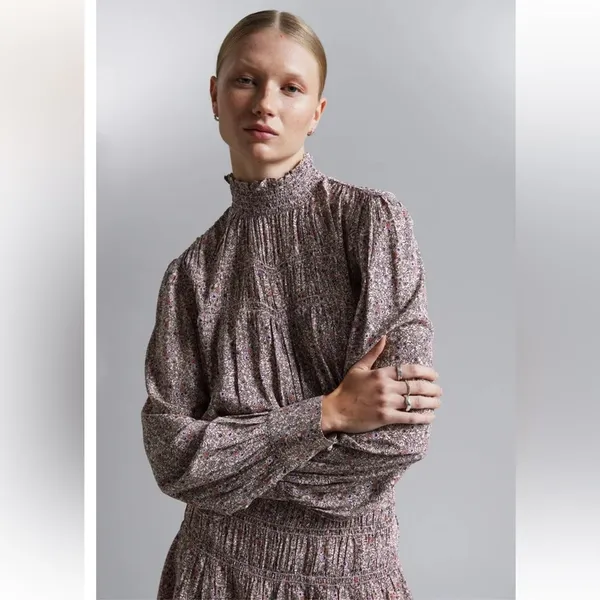 & OTHER STORIES Floral Smocked High Neck Long Sleeve Mini Dress - Image 3
