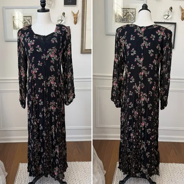 Vintage 90s Starina Feminine Witchy Boho Black Floral Maxi Dress M - Image 2