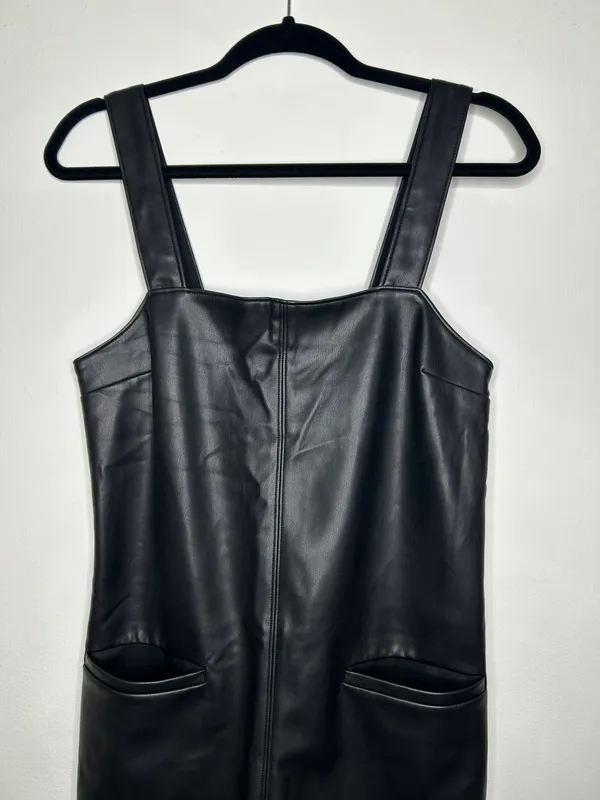 Abercrombie Black Faux Leather Front Pocket Mini Shift Dress Layering - Image 7
