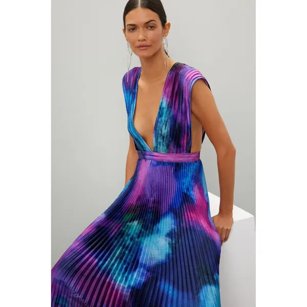 L'IDÉE Printed Gala Gown Pleated Deep Sea Blue Purple Tie Dye Maxi Dress 8 - Image 8