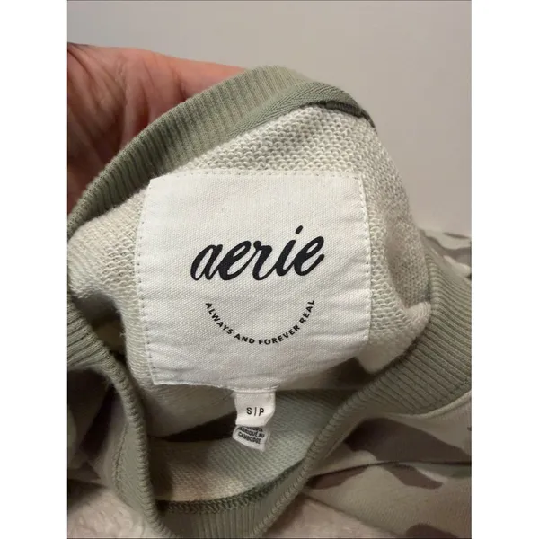 Aerie Cropped Boxy Green Camo Long Sleeve Crew Neck Pullover Sweater Size S - Image 3