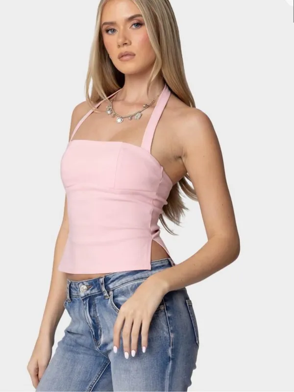 EDIKTED Dara Halter Top Baby Pink Summer Sleeveless Crop Festival Coquette XS - Image 2