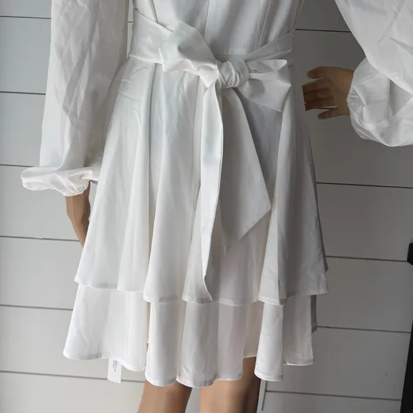 LYANER Wrap Tie Back Square Neck Double Layer Ruffle Hem A Line Mini Dress Sz M - Image 7