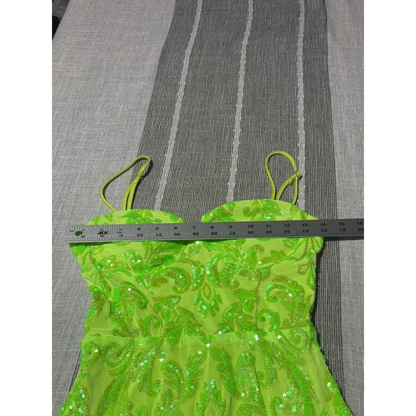 Winsor Neon Lime Green Sequin Damask Mini Dress Small Bodycon Cocktail hoco - Image 3