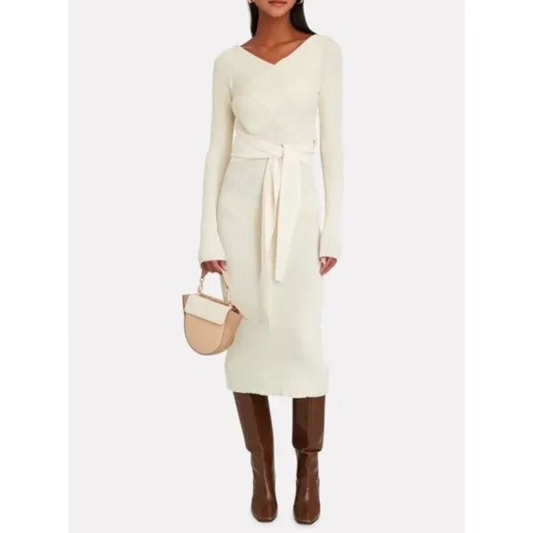 The Line by K Kane Knit Midi Dress Cream M Cutout Back Tied Waist Wrap V Neck - Image 2