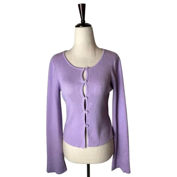 Tiger Mist Sweater Women XS Purple Ribbed Knit Monica Cardigan Sexy‎ Preppy - Image 3