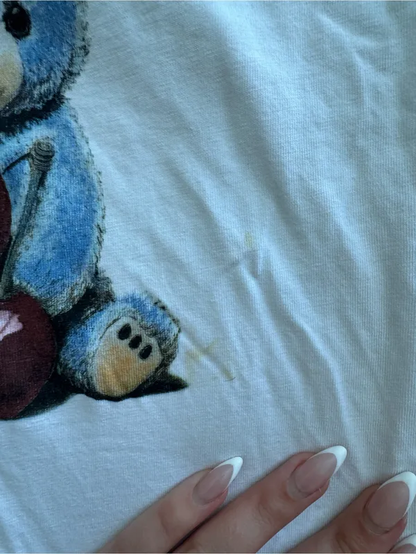 Bershka White Graphic Oversized Tee with Blue Teddy & Red Apple Print - Image 5