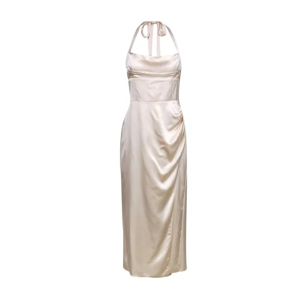 Reformation Solana Satin Dress Almond Beige Halter Midi‎ Cowl Neck 8 NEW Bridal - Image 4