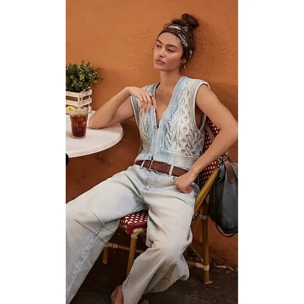 We The Free Free People Sweater Vest Womens XS Blue Ombre Cable‎ Knit Zip - Image 2