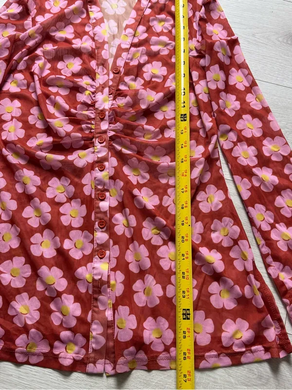 Women's Button Down Floral Shirts 2026 Summer Long Sleeve V Neck Sheer Mesh Tops - Image 8