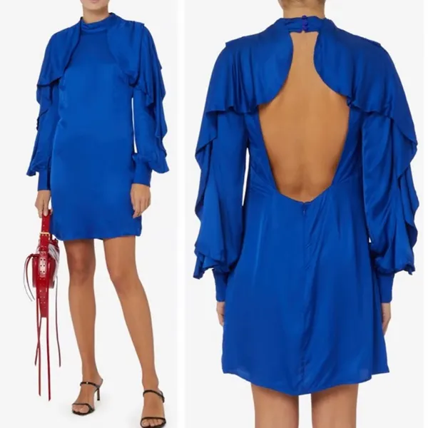 FARM RIO BRIGHT BLUE BACKLESS RUFFLED SLEEVE MINI DRESS BLUE size XL - Image 4