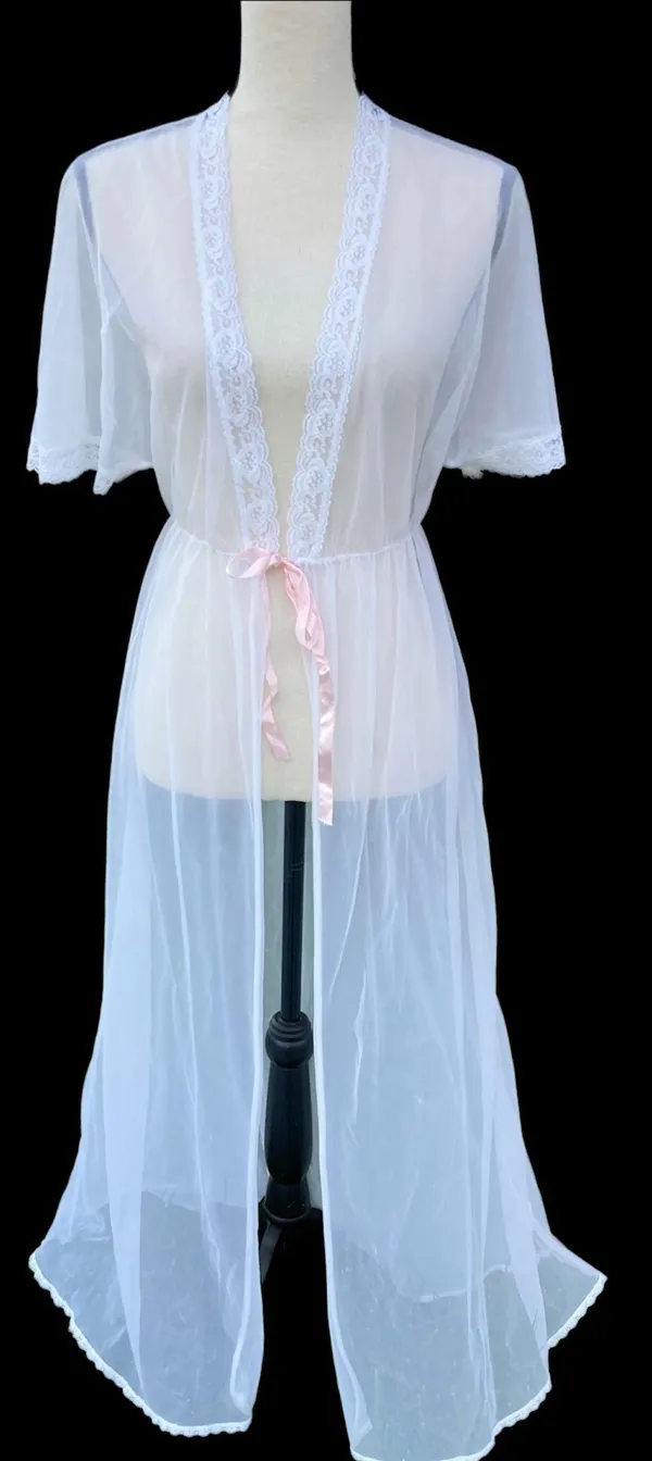Vintage 80s Alan R. White Peignoir Nylon Chiffon Lace M Flutter Sleeves - Image 2