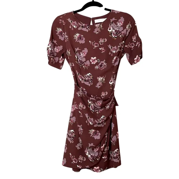 ASTR The Label Maroon Floral Wrap Front Mini Dress Womens XS Fall Boho Ruched - Image 2