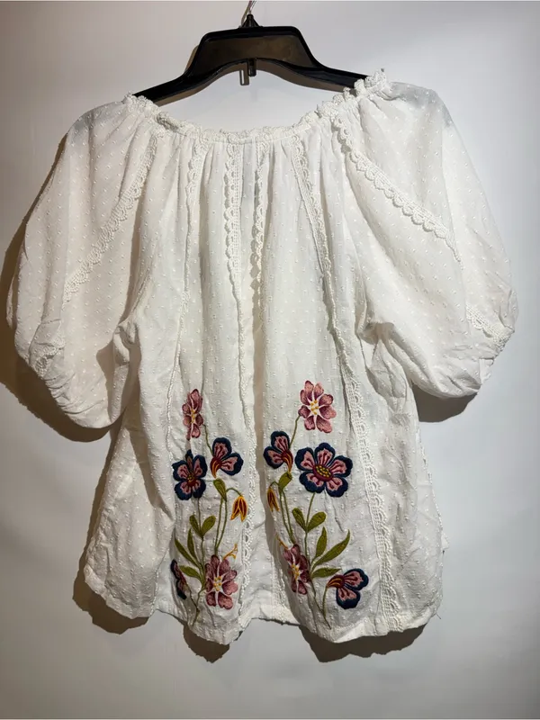 Anthropologie Embroidered Puff Sleeve Swing Blouse Boho Cotton Top Size XS - Image 3