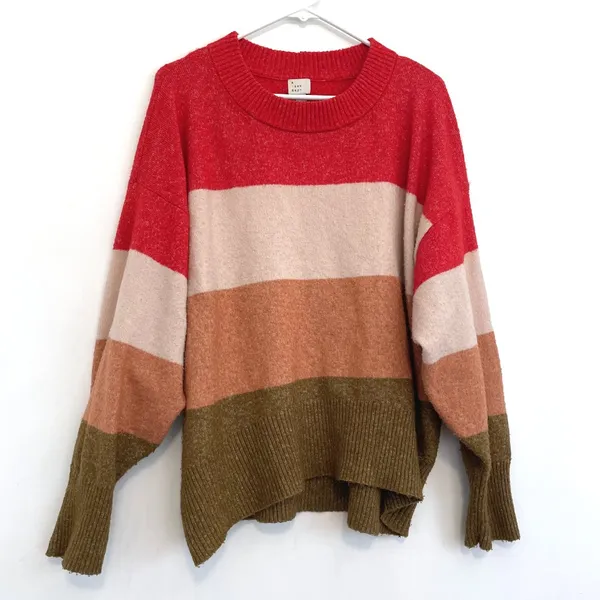A NEW DAY Slouchy Crewneck Pullover Sweater Red Beige Orange Colorblock Striped - Image 2