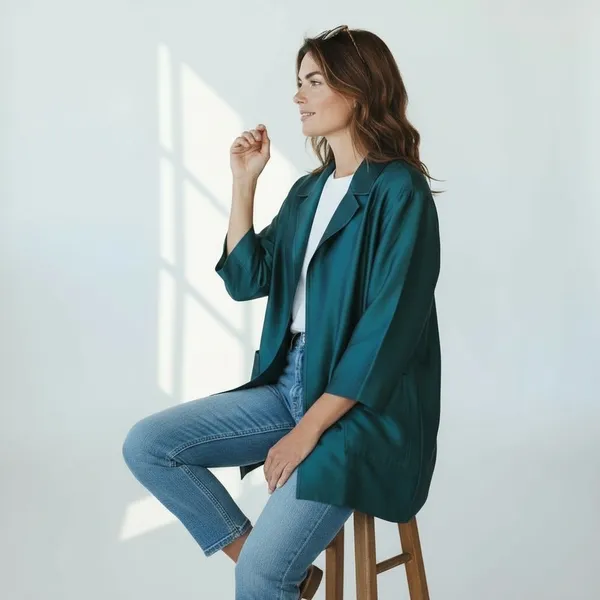 ST. JOHN COUTURE Sharkskin Silk Wool Blend Teal Open Front Jacket Blazer Size 8 - Image 15