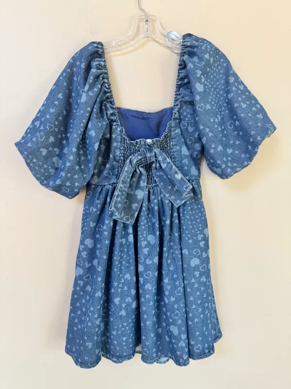 NWT Avec Les Filles Swirling Hearts denim puff sleeve babydoll minidress bow S - Image 8