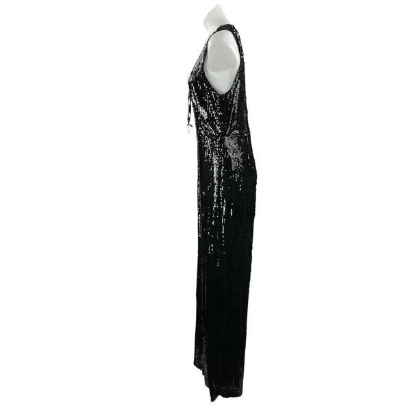 If By Sea Women's Black Sleeveless Sequin Tie Plunging V-Neck Romper Jumpsuit L - Image 2